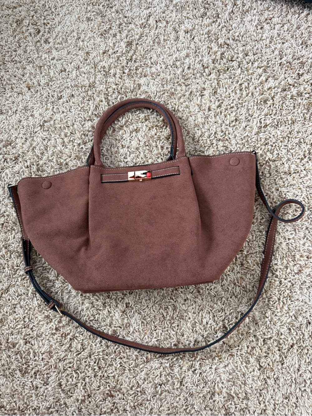 Brown Faux Suede Tote Bag with Crossbody Strap